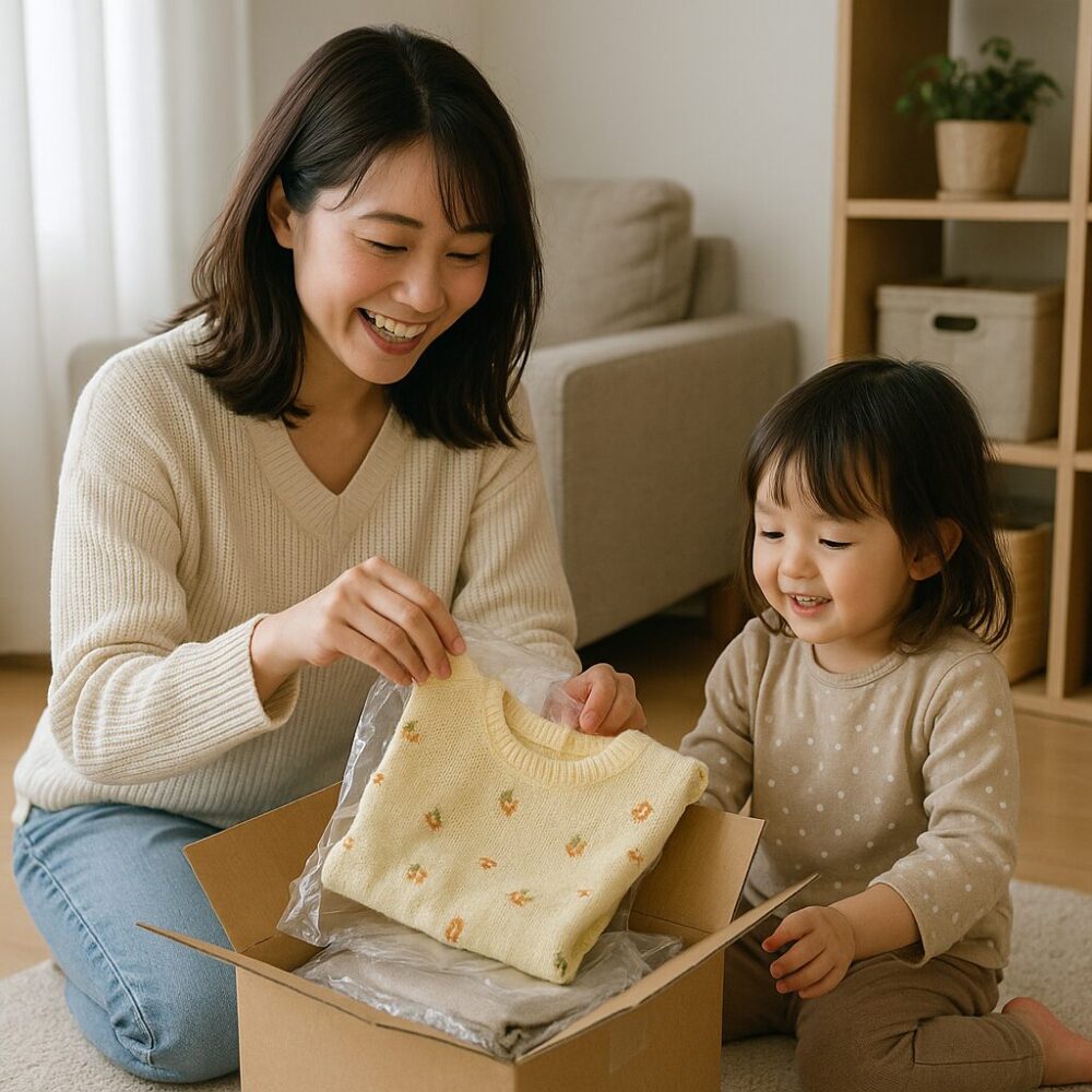 届いた荷物を子供と一緒に見るママ