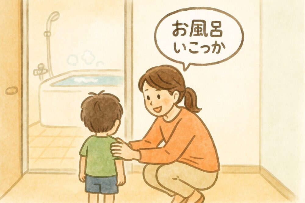 お風呂を嫌がる子供を説得する母親