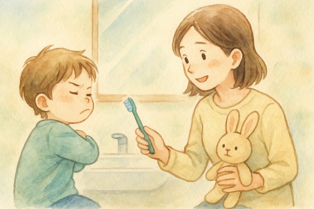 歯磨きを嫌がる子供を説得する母親