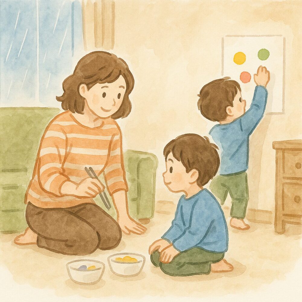 雨の日室内で遊んでいる親子