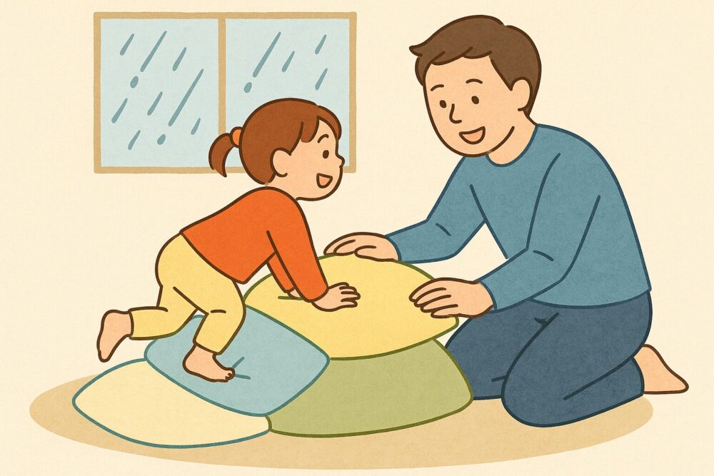 雨の日に室内で遊ぶ親子