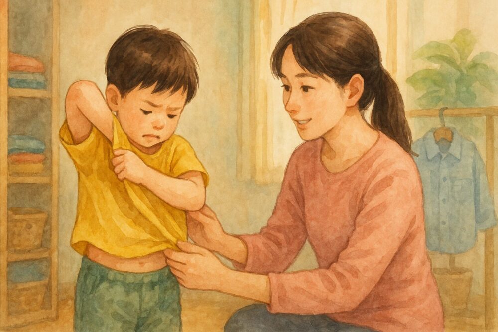 母親が着替えをサポートする様子