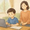 通信講座で勉強する子供見守る母親