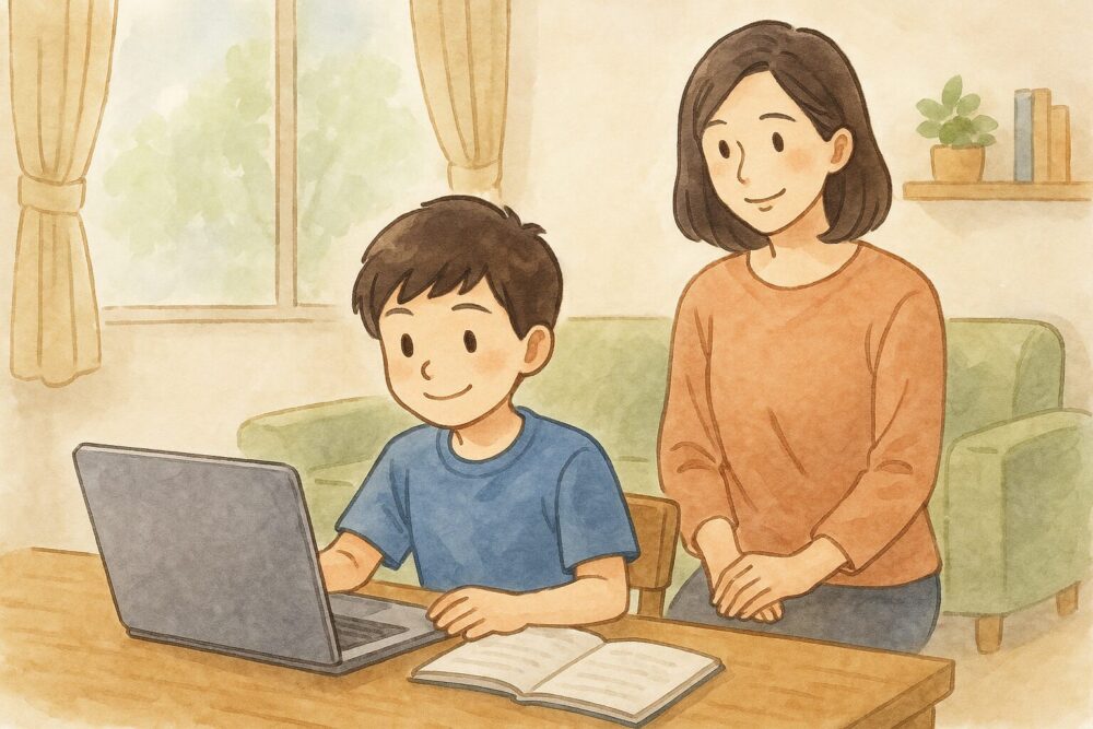 通信講座で勉強する子供見守る母親